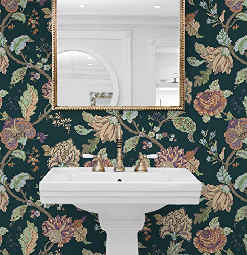 NextWall Kianna Jacobean Floral Peel and Stick Wallpaper (Victorian Jade) - color: Victorian Jade