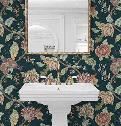 NextWall Kianna Jacobean Floral Peel and Stick Wallpaper (Victorian Jade) - color: Victorian Jade