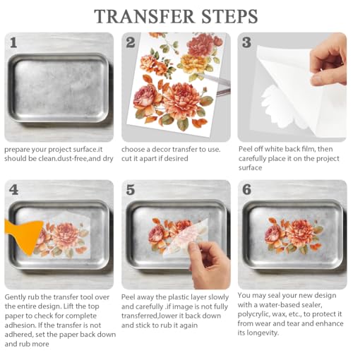 OLYCRAFT 3Pcs/Set Orange Flower Rub on Transfers for Furniture and Craft 6x12 Inch Peony Furniture Decal Transfer Sticker Rub on Decal with 1pc Scraper for Scrapbook Window Home Decoration - style: Orange Flower