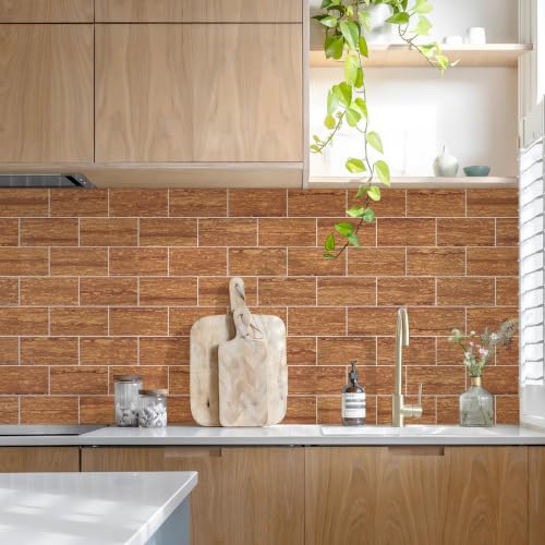 STICKGOO 10-Sheet Backsplash Peel and Stick Subway Tile(Thicker Design, Faux Red Travertine) - color: Red Travertine
