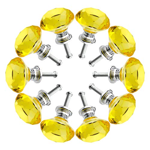 Crystal Glass Cabinet Knobs 30mm Diamond Shape Drawer Kitchen Cabinets Dresser Cupboard Wardrobe Pulls Handles 10 Pcs - color: Yellow