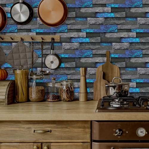 Alwayspon 24Pcs 12x6inch Peel&Stick Wall Sticker Vinly Wallpaper, Waterproof Backsplash for Kitchen Bathroom, Self-Adhesive Tile Transfers Decal Stick on Tiles with Blue Stone Brick Effect - color: Fg-l07, size: 24 Pcs