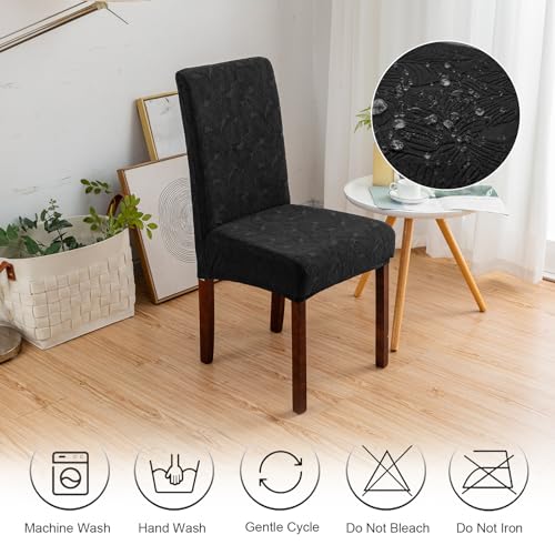 Waterproof Dining Room Chair Covers, Stretch Parsons Chair Slipcovers - color: Leaf Pattern-black, size: Regular-4 Pack