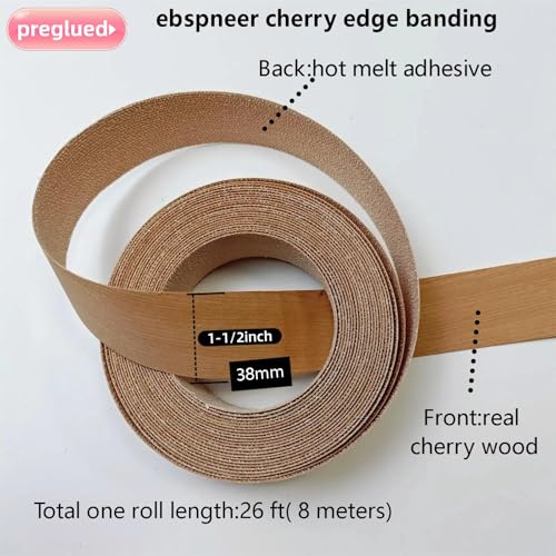 Cherry Wood Veneer Edge Banding Tape,1-1/2 inch ×26ft Iron On Wood Strip,Preglued Hot Melt Adhesive Edgebanding Roll,Flexible Plywood Edging Trim for Furniture Cabinet Laminate - size: 1-1/2" x50'