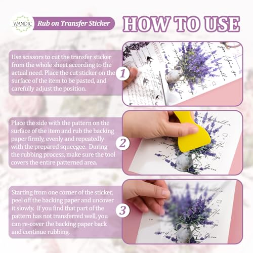WANDIC Retro Rub On Transfer Stickers, 6 Sheets Lavender Decals Purple Flower Stickers Waterproof Decals Flower Stickers with Copywriting for Greeting Cards,12 * 6in - color: Purple Flower, size: 6 Sheets