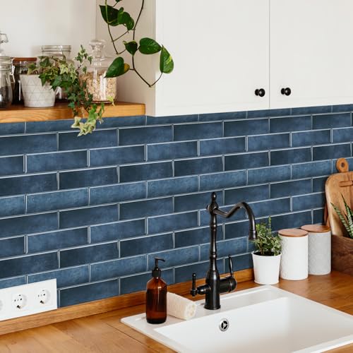 10 Sheets Thick Peel and Stick Backsplash, Self Adhesive Wall Tiles, Stick on Backsplash for Kitchen and Bathroom, 12"x9.8", Deep Blue - color: Deep Blue