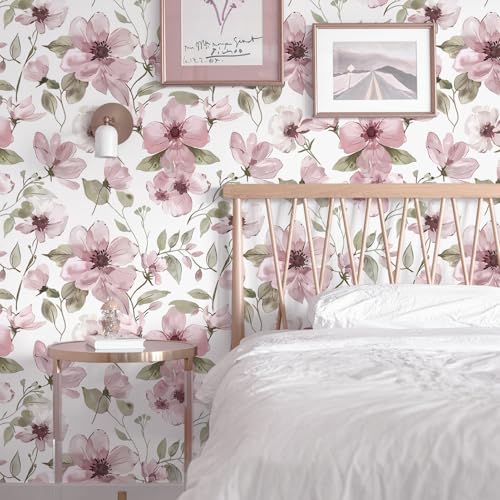 17.3''x78.7''Peel and Stick Wallpaper Boho Floral Contact Paper Pink Watercolor Flowers Leaf Wallpaper Removable Self-Adhesive Wall Paper for Bedroom Renter Friendly Vinyl