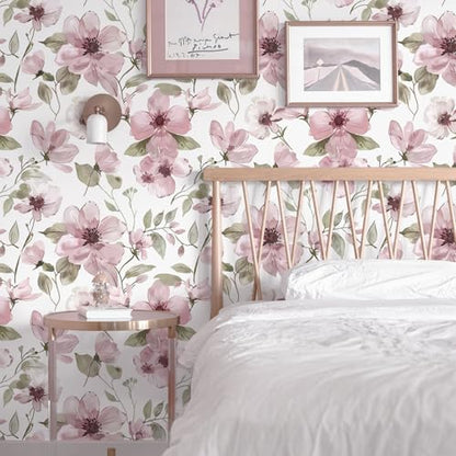 17.3''x78.7''Peel and Stick Wallpaper Boho Floral Contact Paper Pink Watercolor Flowers Leaf Wallpaper Removable Self-Adhesive Wall Paper for Bedroom Renter Friendly Vinyl