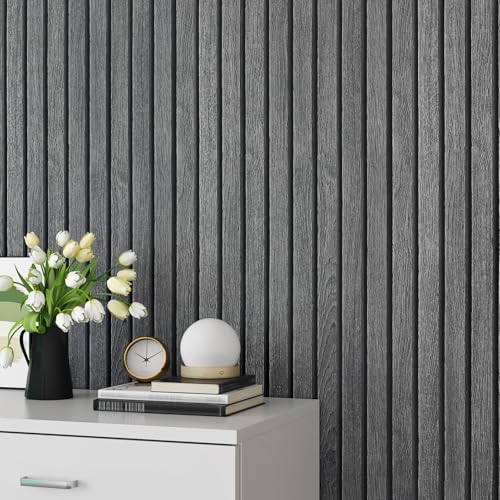 Wallercity Charcoal Black/Gray Slat Wallpaper Peel and Stick Countertops Dark Wood Contact Paper for Walls Self-Adhesive Waterproof Faux Wood Slat Wall Panel Wallpaper for Cabinets Tables 15.8x78.7 IN - color: Black/Gray, size: 15.8" x 78.7"