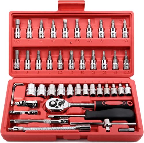 Egofine 46 Pieces 1/4 inch Drive Socket Ratchet Wrench Set, with Bit Socket Set Metric and Extension Bar for Auto Repairing and Household, with Storage Case - color: Red, size: 1/4" 46 PCS