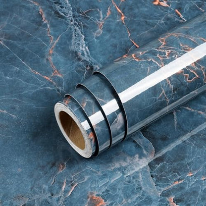 Livelynine 15.8x394 Marble Wall Paper Kitchen Countertop Peel and Stick Wallpaper Waterproof Contact Paper for Countertops Renter Friendly PVC Marble Table Top Vinyl Wrap Dark Blue Red Brown Sticker - color: Blue and Brown, size: 15.8" x 394"