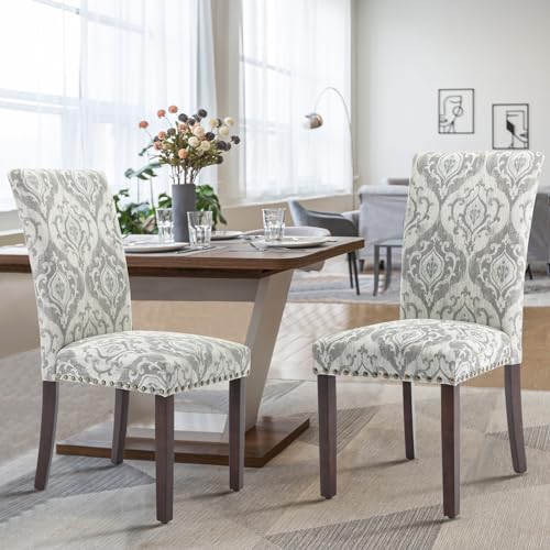 COLAMY Upholstered Parsons Dining Chairs Set of 6, Fabric Dining Room Kitchen Side Chair with Nailhead Trim and Wood Legs - Grey/White Flower - color: Grey/White Flower, size: Set of 6