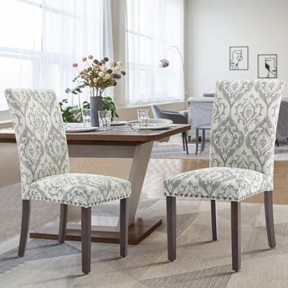 COLAMY Upholstered Parsons Dining Chairs Set of 6, Fabric Dining Room Kitchen Side Chair with Nailhead Trim and Wood Legs - Grey/White Flower - color: Grey/White Flower, size: Set of 6