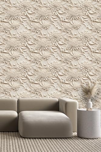 Peel and Stick Wallpaper Light Brown Scroll Floral Accent - color: Brown, size: 17.7" x 118"