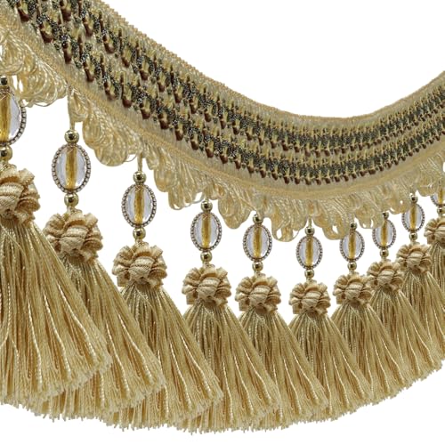 3yards Pom Pom Curtain Fringe Trim Beads Ball Tassel Trimming Sewing Ribbon Upholstery Fabric (Gold) - color: gold