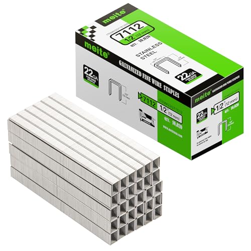 meite 71/12 22 Gauge 304 Stainless Steel Upholstery Staples, 3/8-Inch Crown with 1/2-Inch Leg Length, Heavy Duty Staples for Construction, Furniture, Crafts & DIY Projects (1 Case - 20 Boxes) - size: 1/2" (12 mm), style: 1 Case (20 Boxes)