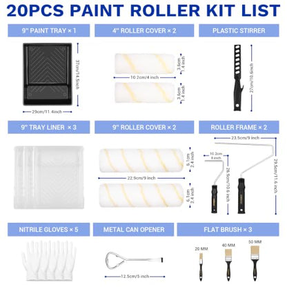 DEKOPRO Paint Roller Kit, 20-Piece Paint Roller Set with Microfiber Sleeves & Frame, Tray, Flat Brush, 4" & 9" Paint Rollers for Walls, Cabinets, Interior, Exterior, House Painting Supplies