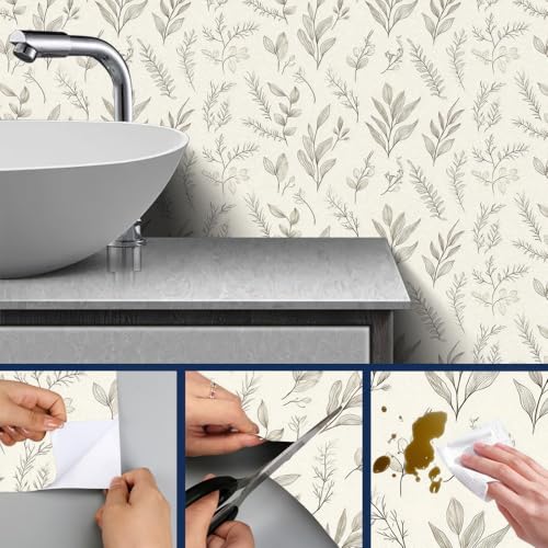 HOMETITUTE Neutral Line Art Peel Stick Wallpaper 118.1x17.7 Inch Vinyl - color: Botanical Line Art