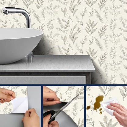 HOMETITUTE Neutral Line Art Peel Stick Wallpaper 118.1x17.7 Inch Vinyl - color: Botanical Line Art