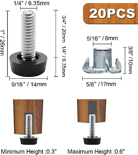 1/4" - 20 UNC Leveling Feet, 20 Pcs Adjustable Leg Levelers, Screw in Furniture Levelers with T-Nuts for Cabinet Cupboard Couch Desk Sofa Shelf Legs - size: 1/4" - 20 UNC