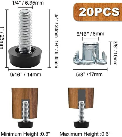 1/4" - 20 UNC Leveling Feet, 20 Pcs Adjustable Leg Levelers, Screw in Furniture Levelers with T-Nuts for Cabinet Cupboard Couch Desk Sofa Shelf Legs - size: 1/4" - 20 UNC