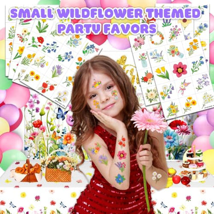 96 PCS Small Wildflower Pre-Cut Temporary Tattoos for Kids
