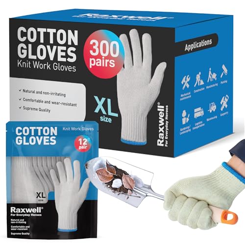 Raxwell White Cotton Gloves, 300 Pairs Bulk Case – Durable Knit Work Liners for BBQ, Painting, Gardening, Industrial, Mechanical Use, X-Large Size, Breathable, Comfortable - size: X-Large, style: Work Glove