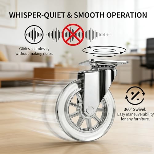 4" Caster Wheels, 1100lbs, Non-Marking, Quiet, Clear, Set of 4 - size: 4 inch, No Brake