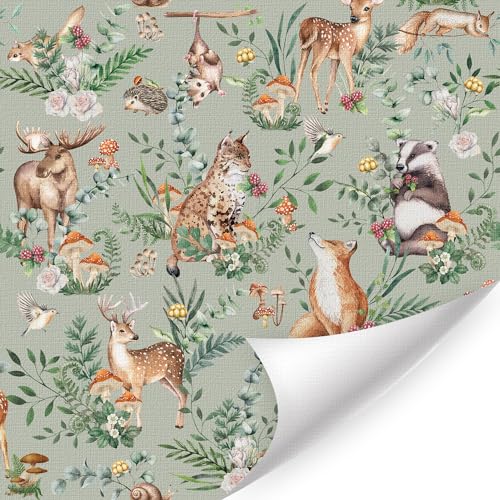 HLNUIC Green Woodland Themed Wallpaper(17”X118”) Safari Animal Peel and Stick Wall Mural Forest Style Sticky Contact Paper Wildlife Fox Deer Owl Rabbit Adhesive Wallpaper Squirrel Paper for Bedroom - color: Woodland 2
