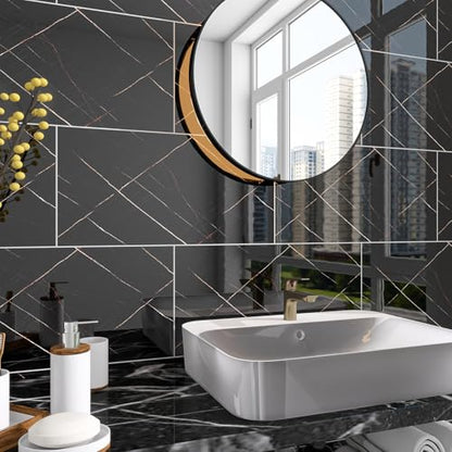 Marble Peel and Stick Backsplash 23.6 x11.8 in, 10PCS - color: Black-Striped Marble