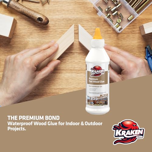 Kraken Bond D4 Fast Drying Wood Glue - (2x13.5 fl.oz.) Marine Grade Waterproof Polyurethane Glue for Outdoor, Boat, Furniture, Woodworking, Carpentry, Heavy Duty Marine Carpet Glue - 2 Pack - size: 2 Pack, style: D4 Marine Wood Glue