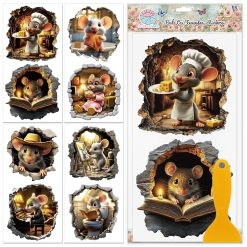 GLOBLELAND 4 Sheets 3D Mouse Rub on Transfers Mousehole Furniture Decor Transfers Animals Decal Transfers Stickers for Bedroom Living Room Desk Table Decoration - style: Mouse