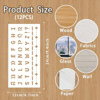 12 Sheets Letter Stencils for Painting, 12 Styles Alphabet Numbers Bar Borders Designs Drawing Templates Reusable Art Stencil for Hand Forearm Painting on Wall Wood Home Decor - style: Letters