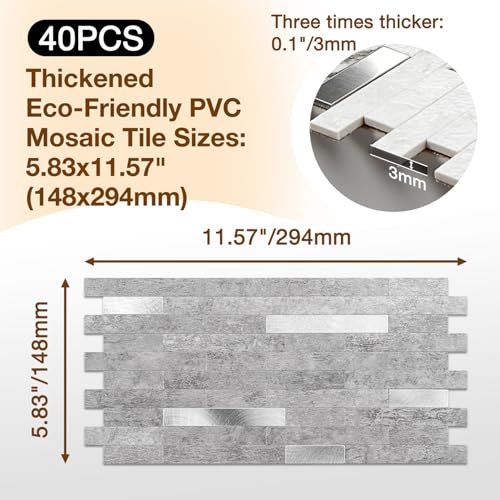 Peel and Stick Backsplash Tile Waterproof Removable PVC Wall Sticker 3D Faux Stone Marble Brick White Accent Panels (Matte Gray Stone - Metal Silver, 40 Tiles - 18 sq. ft. (1.68 m²)) - color: Matte Gray Stone - Metal Silver, size: 40 Tiles - 18 sq. ft. (1
