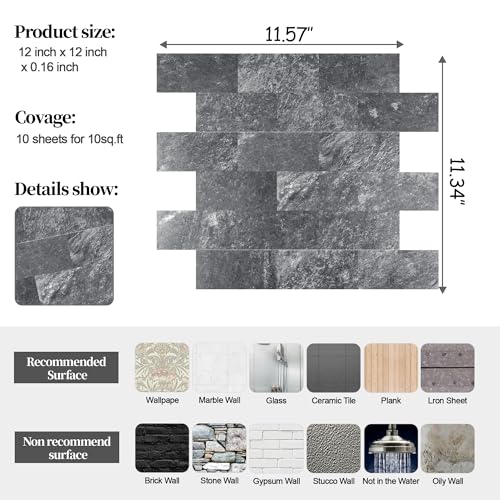 2026 New Upgrade Peel and Stick Backsplash Tile, Peel and Stick 11.34" X 11.57" Wall Tile for Kitchen, Bathroom, Fireplace, Laundry (Dark Rock, 10 Packs) - color: Dark Rock