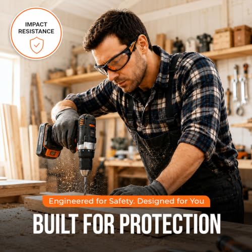 Brand, Safety Glasses Industrial Quality, Orange Frame, Clear High Impact Anti-Fog Anti-Scratch, ANSI Z87 EN 166 Certified UV400 Protective Eyewear, Soft Nose with Sturdy Orange Case (1 Piece)