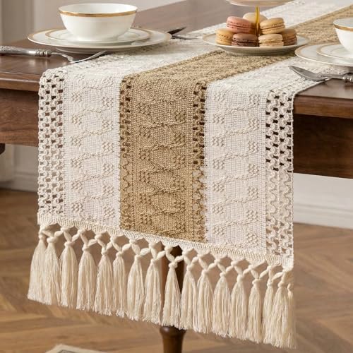 Boho Macrame Table Runner with Tassels 36in Brown Farmhouse Runner - color: White & Brown, size: 12'' x 36''