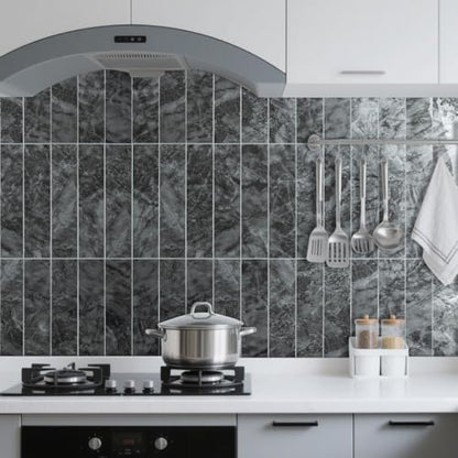 AULIGET 40-Piece Polished Dark Grey Marble Peel and Stick Backsplash Wall Tiles, 3" x 12" PVC Faux Stone Stick on Tiles for Backsplash Kitchen, Bathroom, Laundry Room, Camper, Fireplace - color: Polished Dark Grey Marble, size: 40 Pieces, 3"x12"x0.12"