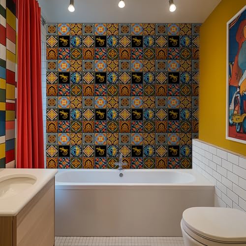 72 Pcs 9 Style Spanish Motifs Style Peel and Stick Wall Tile Sticker Retro Pattern Wall Stickers Waterproof Self Adhesive Stick on Tile Decals for Kitchen Bathroom Art Decor, 4×4 Inch - style: Spanish Motifs