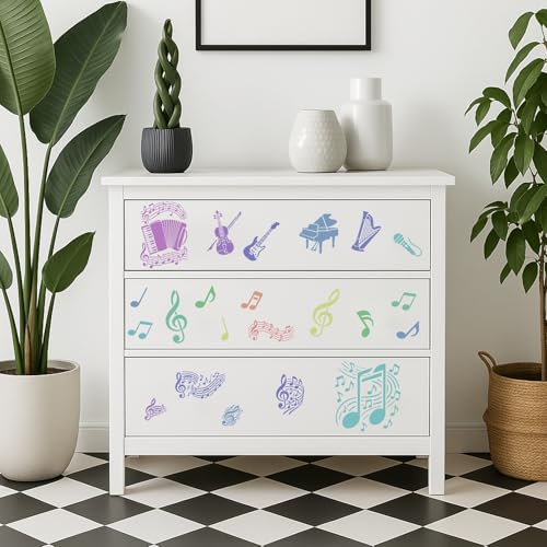 INFUNLY 6pcs Musical Instrument Stencil for Painting 11.8x11.8 Inches Reusable Music Note Stencils 8.3x11.7 inches Orchestra Stencils Drum Piano Drawing Template for Wood Canvas Wall Paper - style: Music theme
