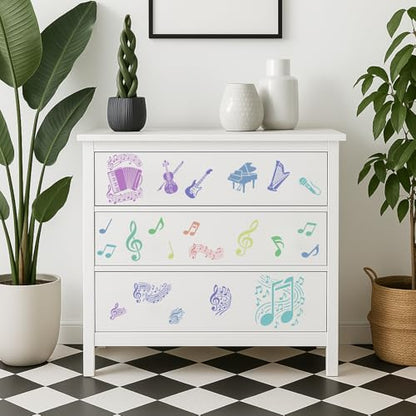 INFUNLY 6pcs Musical Instrument Stencil for Painting 11.8x11.8 Inches Reusable Music Note Stencils 8.3x11.7 inches Orchestra Stencils Drum Piano Drawing Template for Wood Canvas Wall Paper - style: Music theme