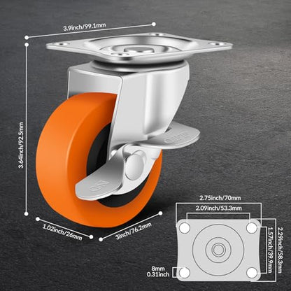 Caster Wheels,3 Inch Casters Set of 4,Heavy Duty Caster with Brake - style: Orange-3"8pack