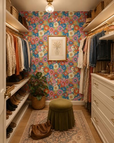 Retro Groovy Floral Peel and Stick Wallpaper Removable Boho 70s 9in×19.7ft - color: Light Blue/Colorful