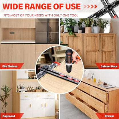 4 in 1 Drilling Positioning Ruler, Aluminum Alloy T Square Ruler 14in, Multifunctional T Ruler, Cabinet Handle Template Tool for Installating Handles, Cabinet Hardware Jig for Woodworking
