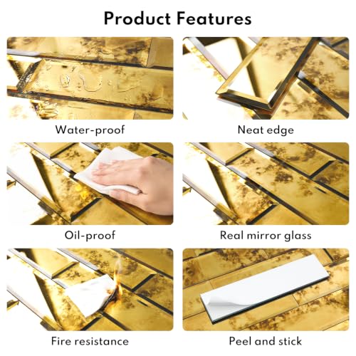 Lovdeco Peel & Stick Gold Antique Mirror Tile 3x12 Inch Beveled (20 Pcs) - color: Gold Light Antique, size: 3x12 inch