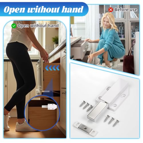 2 Pack Magnetic Push Latch Heavy Duty Push to Open Cabinet Hardware Magnetic Touch Latches for Large Door Push Release Latches Kitchen Drawer Push Catch Press Out Latch (White) - color: White