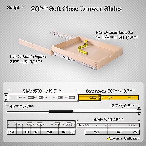 20 inch Soft Close Drawer Slides Set 6-Pairs (12 Pieces),Full Extension Side Mount Ball Bearing,Less Noise,Load Rating 100 lbs.