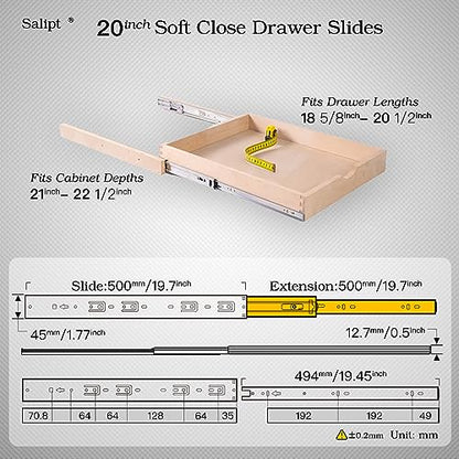 20 inch Soft Close Drawer Slides Set 6-Pairs (12 Pieces),Full Extension Side Mount Ball Bearing,Less Noise,Load Rating 100 lbs.