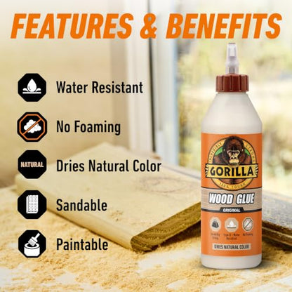 Gorilla Wood Glue, 18 oz Bottle, Water Resistant PVA Adhesive - size: 18oz