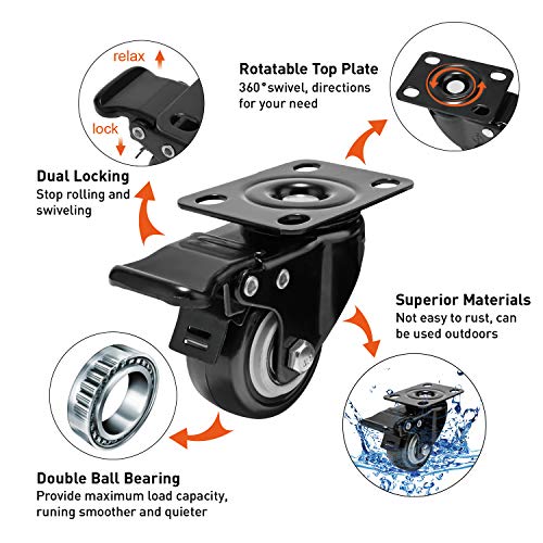 2" Caster Wheels Set of 4, Heavy Duty Casters with Brake - size: 2 inch